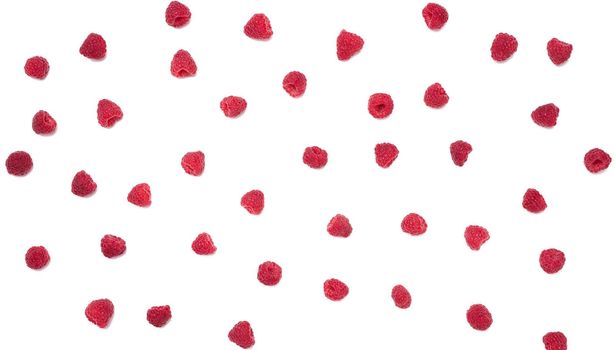 Red ripe raspberries on a white background.