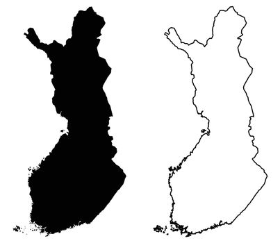 Simple (only sharp corners) map of Finland vector drawing. Mercator projection. Filled and outline version.