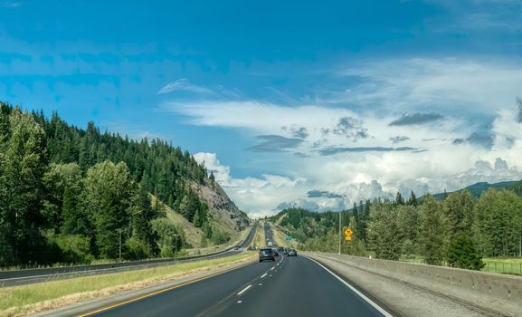 Busy highway one streaming through Roky mountains in British Columbia