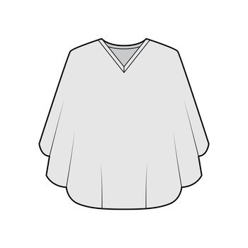 Poncho coat technical fashion illustration with V-neck collar, oversized trapeze body, fingertip length. Flat jacket
