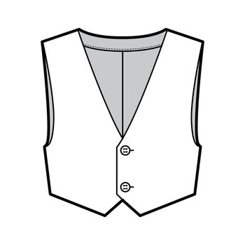 Short vest waistcoat technical fashion illustration with sleeveless, cropped length, V-neckline, button-up closure. Flat apparel template front, white color style. Women, men, unisex top CAD mockup