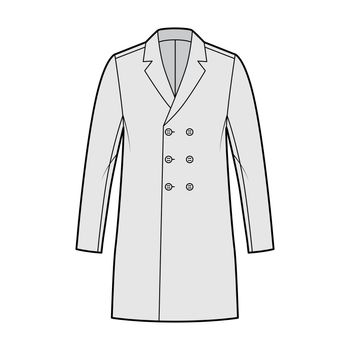 Classic coat technical fashion illustration with thigh length, long sleeves, notched collar, oversized, double breasted