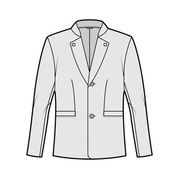 Tyrolean jacket tuxedo technical fashion illustration with long sleeves, stand lapel collar, welt pockets. Flat Austrian