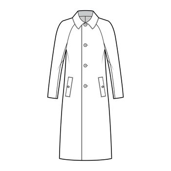 Balmacaan coat technical fashion illustration with raglan long sleeves, regular collar, oversized body, midi length
