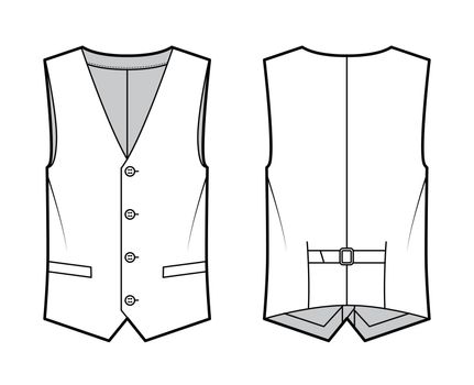 Lapelled vest waistcoat technical fashion illustration with sleeveless, notched shawl collar, button-up closure, pockets