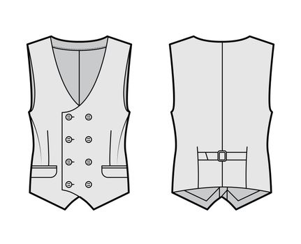 Double breasted vest waistcoat technical fashion illustration with sleeveless, button-up closure, flap pockets, fitted