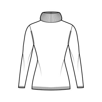 Sweater Exaggerated Turtleneck technical fashion illustration with long raglan sleeves, slim fit, hip length, rib trim