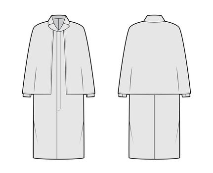 Ulster coat technical fashion illustration with cape, long sleeves, clover lapel collar, oversized body, knee length. Flat jacket template front, back, grey color style. Women, men, unisex CAD mockup