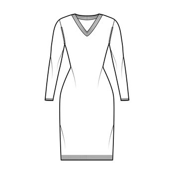 V-neck dress Sweater technical fashion illustration with long sleeves, slim fit, knee length, knit rib trim. Flat jumper apparel front, white color style. Women, men unisex CAD mockup