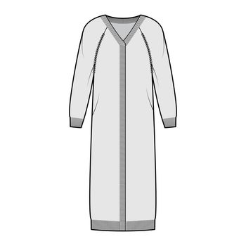 Midi cardigan technical fashion illustration with rib V- neck, long raglan sleeves, oversize, mid-calf length, knit trim
