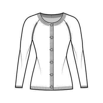 Round neck cardigan technical fashion illustration with long raglan sleeves, fitted body, hip length, knit rib cuff Flat