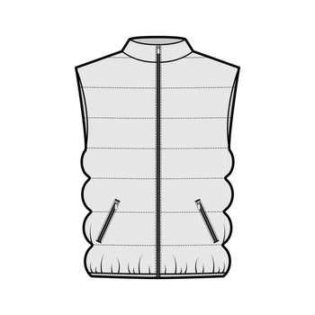 Down vest puffer waistcoat technical fashion illustration with sleeveless, collar, zip-up closure, pockets, oversized
