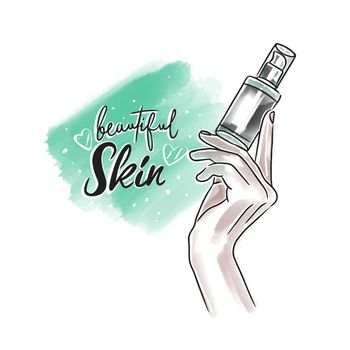 Beautiful skin, handwritten lettering, skin care cosmetics, hand holding a bottle of cosmetic product