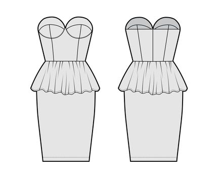 Peplum bustier dress technical fashion illustration with strapless, cups, fitted body, knee length skirt. Flat garment