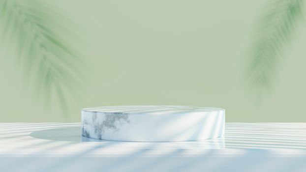 Product display podium with marble wall and leaves shadow. 3D podium illustration render.