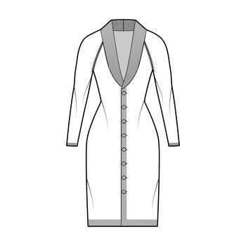 Cardigan dress Shawl collar Sweater technical fashion illustration with long raglan sleeves, fitted body, trim, closure