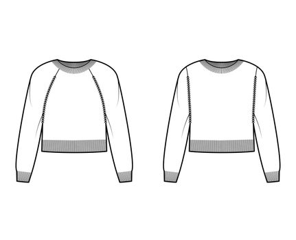 Set of crew neck cropped Sweaters technical fashion illustration with long raglan sleeves, waist length, knit rib trim. Flat jumper apparel front, white color style. Women, men unisex CAD mockup