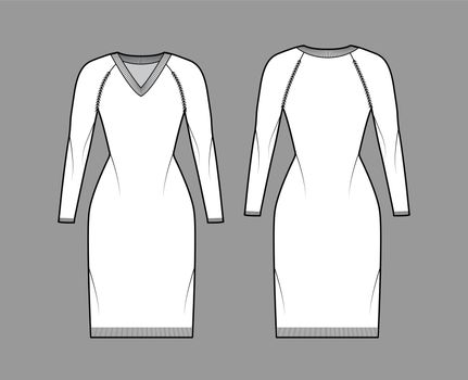 V-neck dress Sweater technical fashion illustration with long raglan sleeves, slim fit, knee length, rib trim jumper