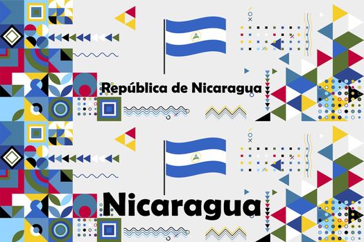 Two abstract backgrounds with the name of the country in the native Spanish language and in English. Abstract background in the colors of the national Republic of Nicaragua flag. Vector illustration.