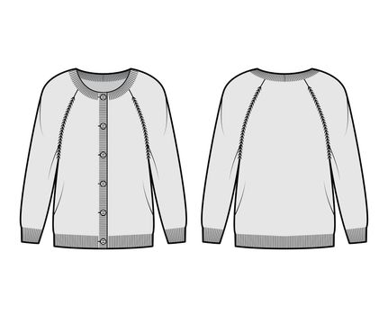 Round neck cardigan technical fashion illustration with button closure, long raglan sleeves, oversized, hip length