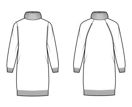 Set of Sweater dress Exaggerated Turtleneck technical fashion illustration with long raglan sleeves, relax fit, knit rib