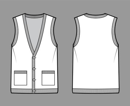 Cardigan vest sweater waistcoat technical fashion illustration with sleeveless, rib V-neckline, button closure, pockets
