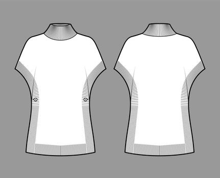 Poncho Sweater technical fashion illustration with rib turtleneck, short batwing sleeves, oversized, hip length, trim