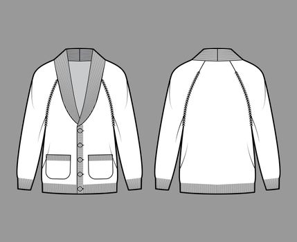 Cardigan Shawl collar Sweater technical fashion illustration with raglan sleeves, hip length, rib trim, button closure