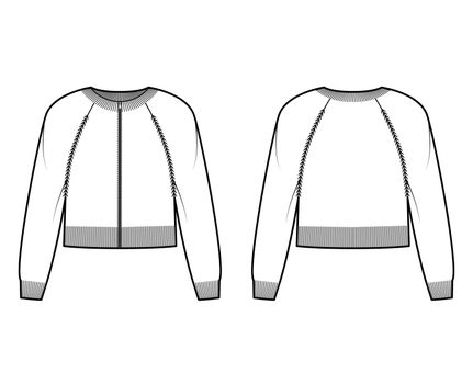 Zip-up cropped cardigan Sweater technical fashion illustration with rib crew neck, long raglan sleeves, knit trim