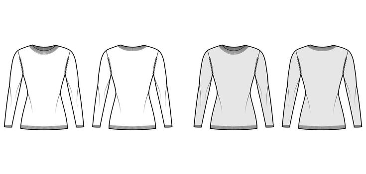 Crew neck Sweater technical fashion illustration with long sleeves, slim fit, hip length, knit rib trim. Flat jumper