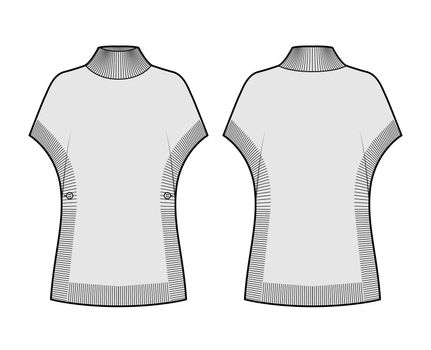 Poncho Sweater technical fashion illustration with rib turtleneck, short batwing sleeves, oversized, hip length, trim