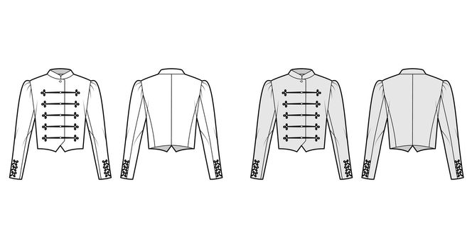 Majorette jacket technical fashion illustration with crop length, long leg o Mutton sleeves, stand collar, frog closure