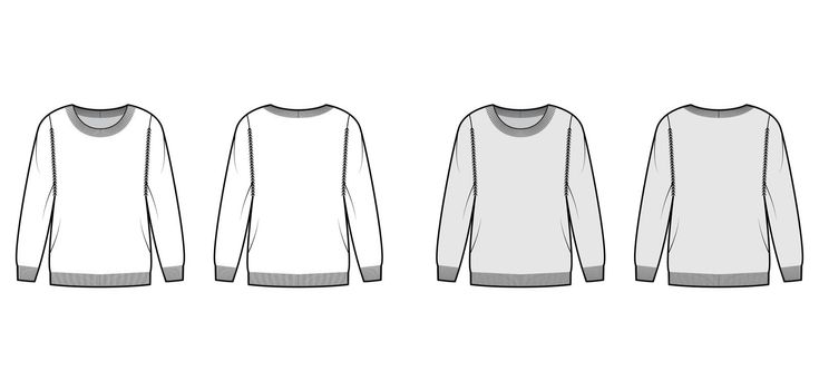 Sweater technical fashion illustration with round neck, long sleeves, Regular fit, fingertip length, Ribbed trims