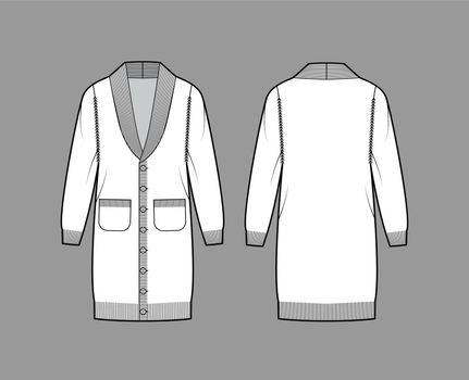 Cardigan dress Shawl collar Sweater technical fashion illustration with long sleeves, oversized body, knit trim, closure