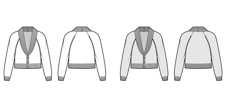 Cropped Cardigan Shawl collar Sweater technical fashion illustration with long raglan sleeves, relax body, knit trim