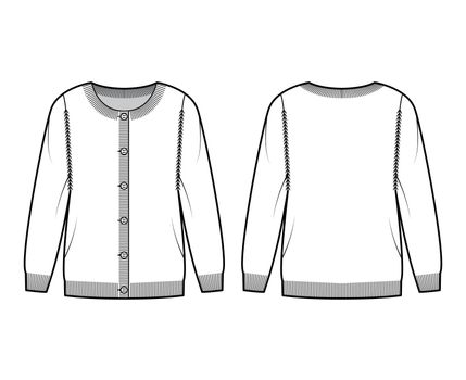 Round neck cardigan technical fashion illustration with button closure, long sleeves, oversized, hip length, knit trim