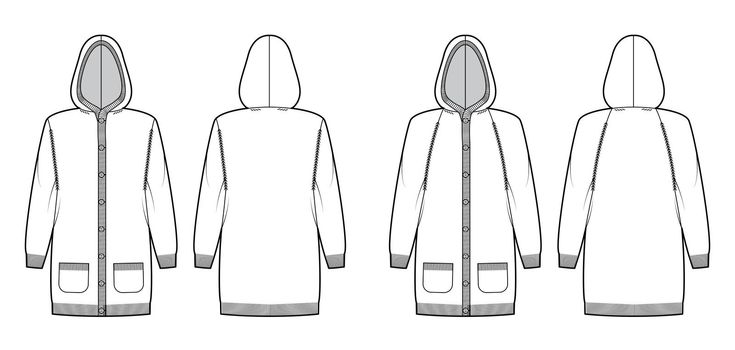 Set of Hooded Cardigan dress Sweaters technical fashion illustration with henley neck, long raglan sleeves, knee length