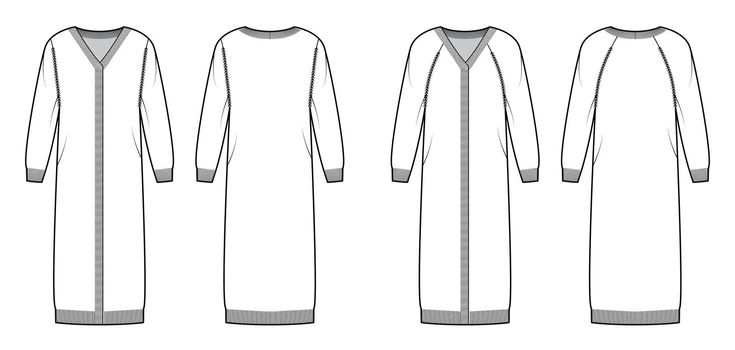 Set of Midi cardigan technical fashion illustration with rib V- neck, long raglan sleeves, oversized, mid-calf length