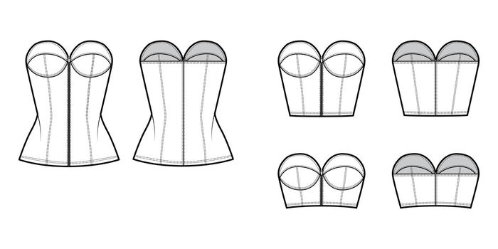 Set of Denim corset tops bustier technical fashion illustration with basque, strapless, zip-up closure, fitted body