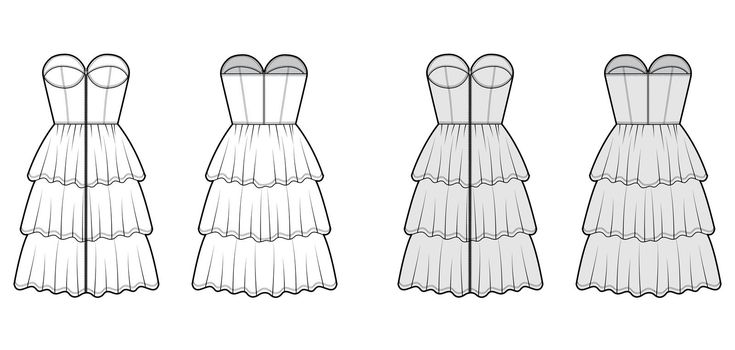 Zip-up bustier dress technical fashion illustration with strapless, fitted body, 3 row knee length ruffle tiered skirt. Flat apparel front, back, white grey color style. Women, men unisex CAD mockup
