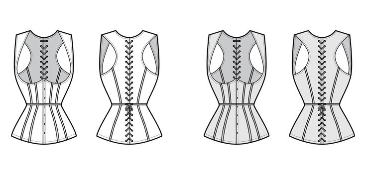 Corset gilet vest technical fashion illustration with sleeveless, Cord lacing back closure, slim fit, Whales apparel