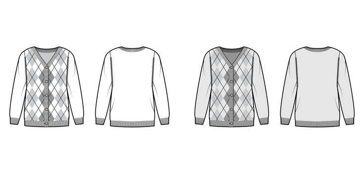 Argyle cardigan technical fashion illustration with rib V-neck, long sleeves, oversize, fingertip length, knit cuff trim