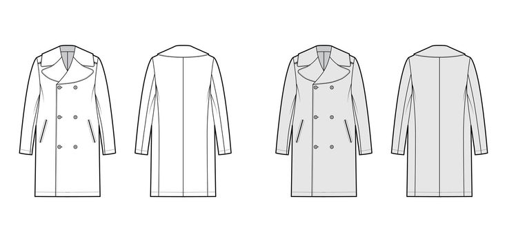 Reefer overcoat technical fashion illustration with double breasted, knee length, tailored button-up collar, epaulettes