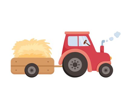 Cute Tractor with cart. Agricultural machinery transports hay. Vector cartoon illustration farm tractor isolated on white background