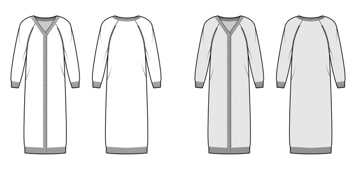 Midi cardigan technical fashion illustration with rib V- neck, long raglan sleeves, oversize, mid-calf length, knit trim