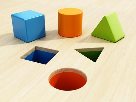 Shape sorter puzzle toy with square, circle and triangle shapes. 3D illustration