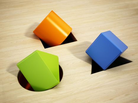 Shape sorter puzzle toy with square, circle and triangle shapes inside wrong places. 3D illustration