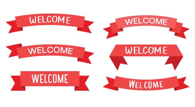 Welcome sign letters with red ribbon background. Welcome banner set element.