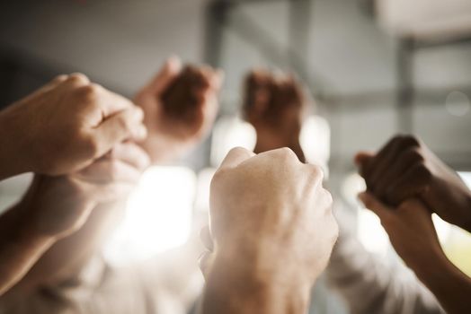 Diverse people hold hands in teamwork, success and support while showing solidarity, trust and unity in office. Closeup of business team, men and women standing together for equal workplace rights