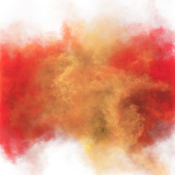Red and yellow color magic fog and fantasy smoke white background texture. Duo colors 3D render abstract background for fest and fan party decoration